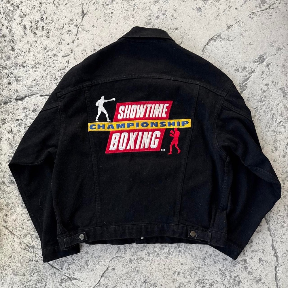 Vintage 90s Showtime Championship Boxing Embroidered Black Denim Jacket Large